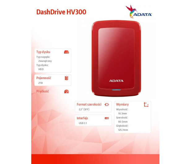 ADATA HV300 2TB USB 3.2 Gen. 1 Czerwony - 427331 - zdjęcie 3